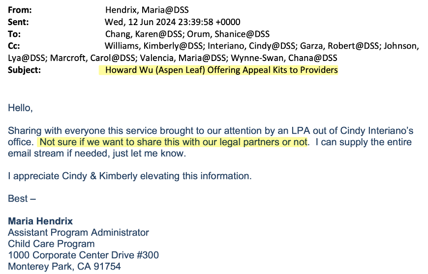 Email from Maria Hendrix, CCLD: "Hello, Sharing with everyone this service brought to our attention by an LPA out of Cindy Interiano's office. Not sure if we want to share this with our legal partners or not.  I can supply the entire email stream if needed, just let me know.  I apprecaite Cindy & Kimberly elevating this information."